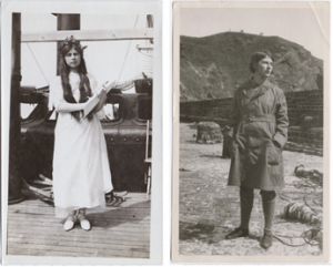 two juxtaposed photos of Bryher, one as a young woman with long hair, and the second with short hair and wearing a militaristic suit